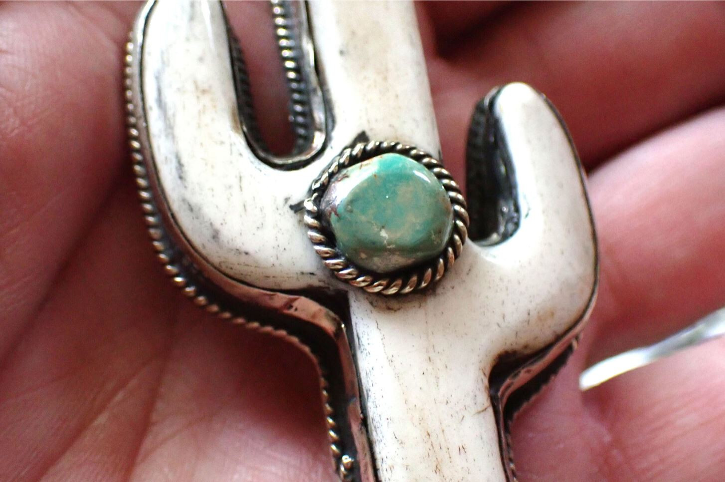 Big saguaro Cactus Pendant with Turquoise cab in Tibetan silver 2 3/8 in