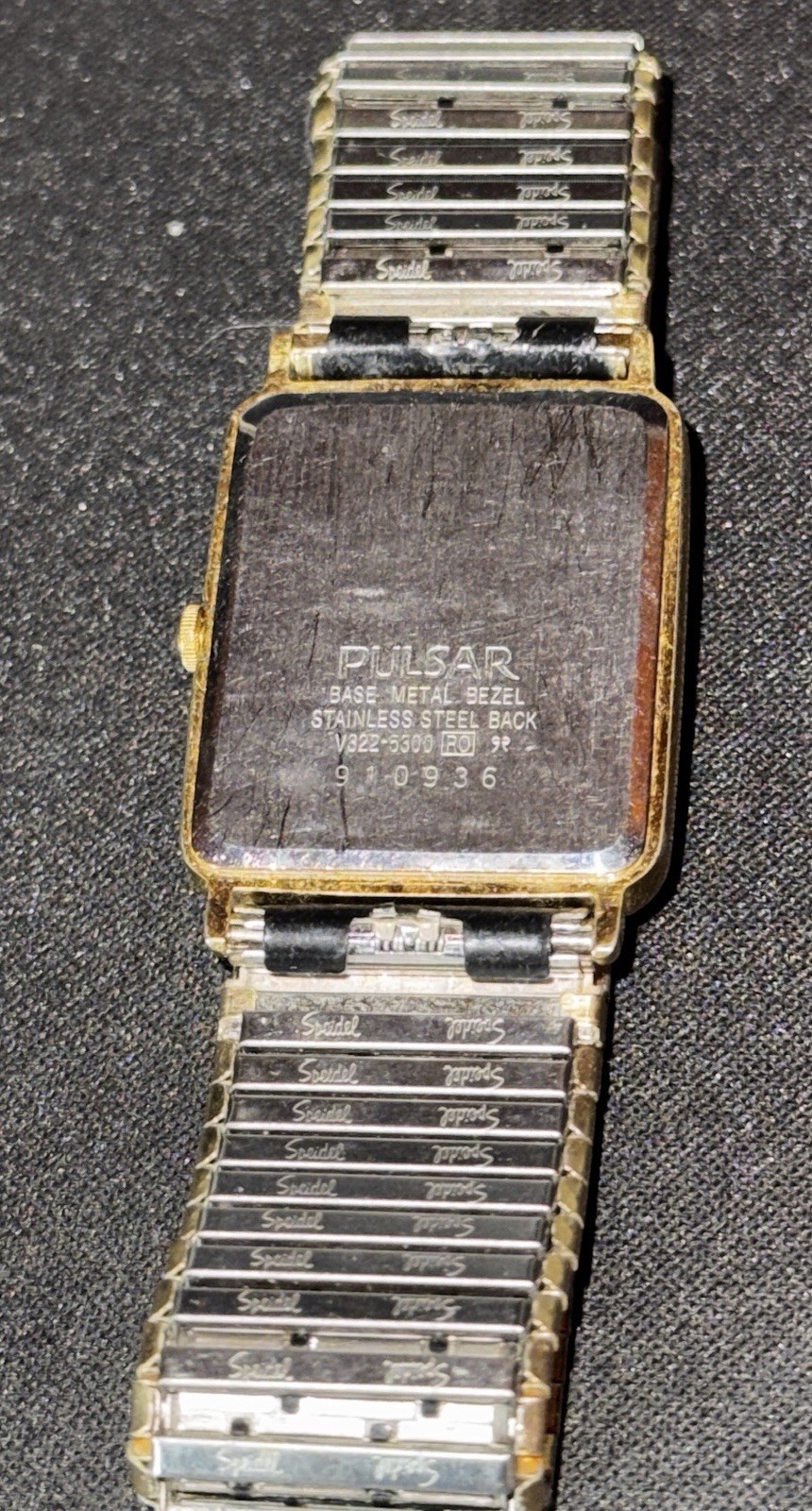 Vintage 1988 Pulsar V322-5300 Quartz Tank Watch with Black Stretch Band
