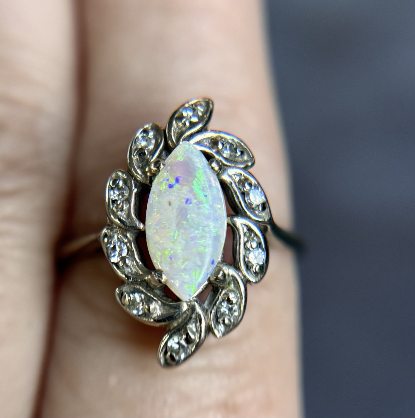 Vintage 14kt White Gold Marquis Opal Diamond Halo Ring