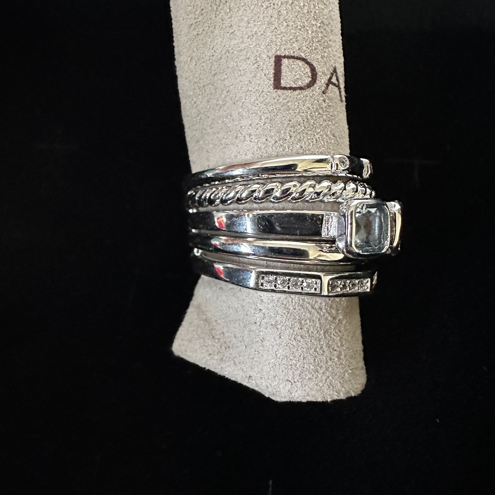 David Yurman Sterling Silver Stax Five Row Hampton Blue Topaz Ring Size 8