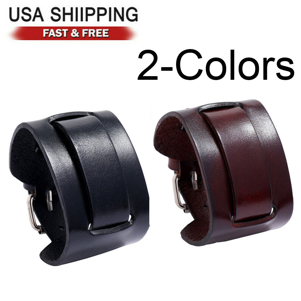 Men’s Wide Leather Belt Wristband Bangle Cuff Punk Adjustable Bracelet