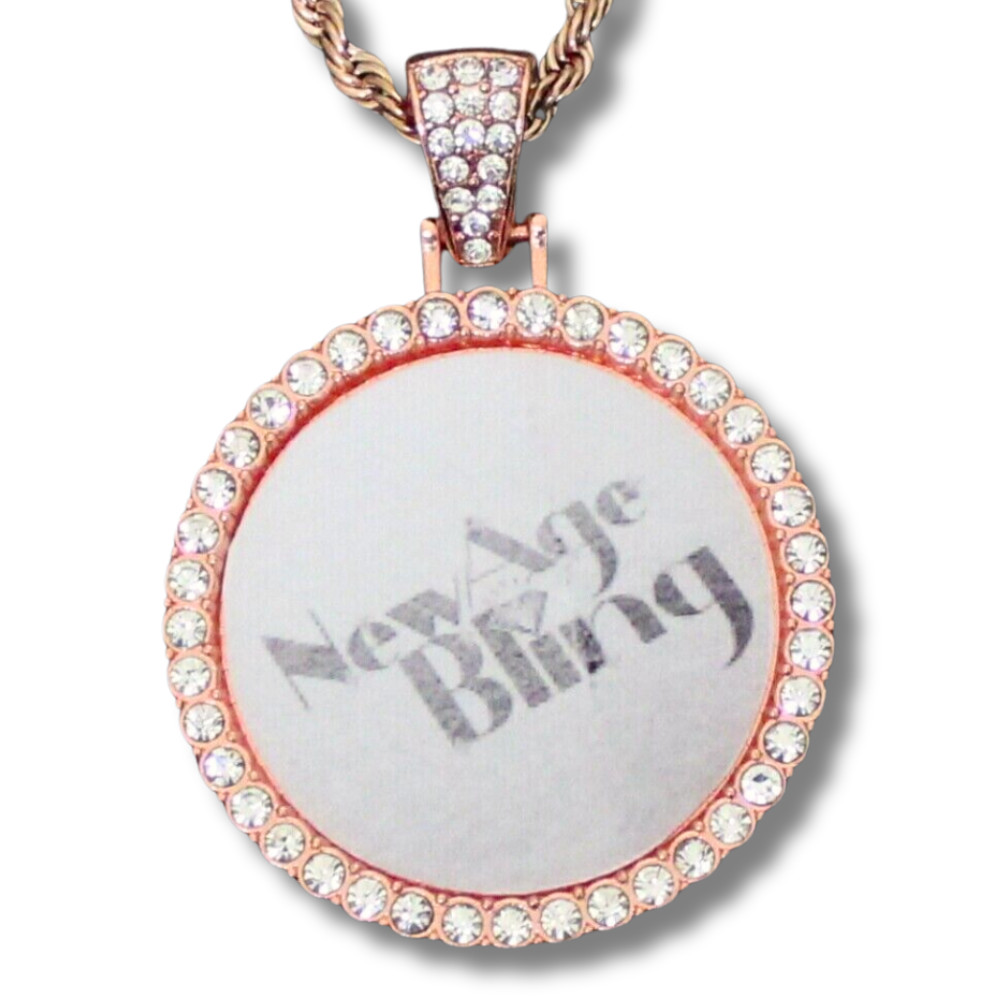 Picture + Glass CZ Photo Pendant 14k Rose Gold Plated Stainless Steel Necklace