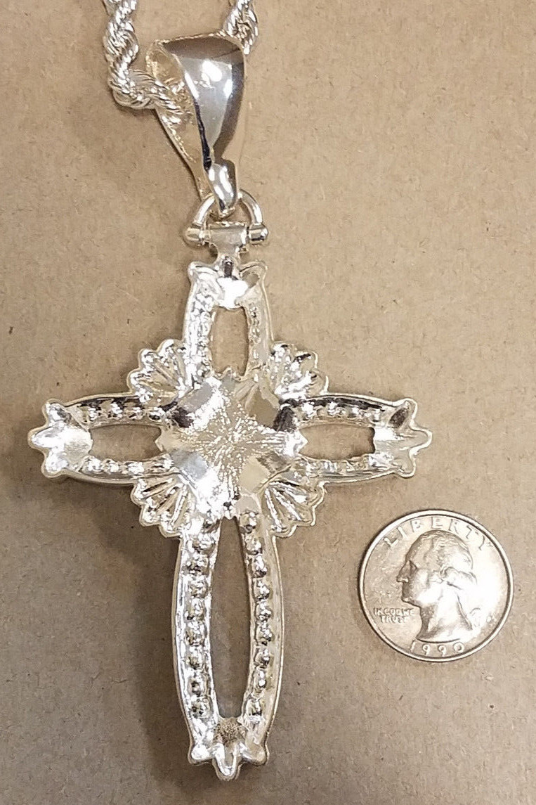 Men’s Silver Plated 30in Long 7mm Wide Rope Chain & Large Open CZ Cross Charm