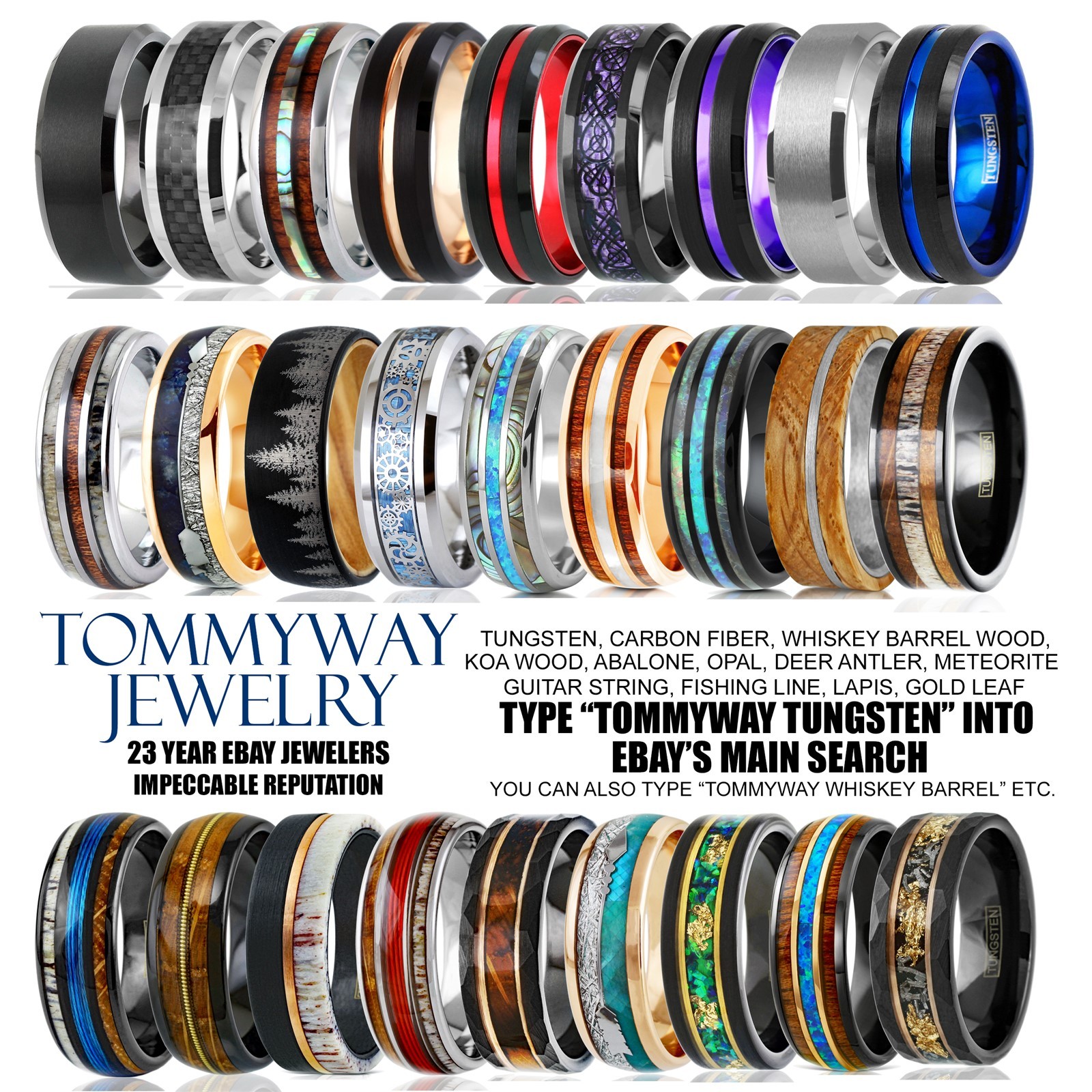 Tungsten Carbide Men’s Ring Blue Fishing Line-Whiskey Barrel & Deer Antler Band