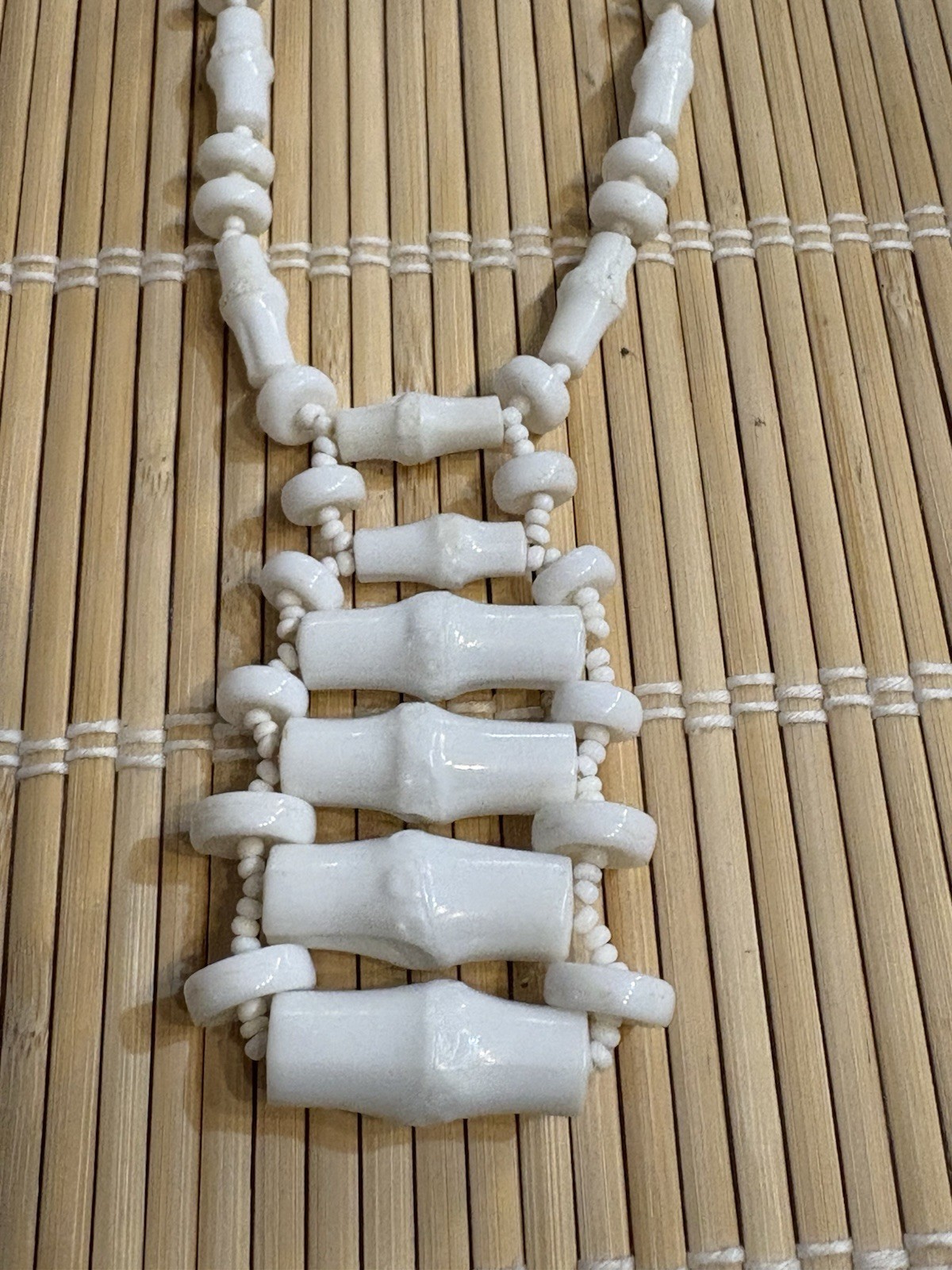 Vintage MIRIAM HASKELL White Bamboo Beaded Necklace Bib Ladder 12” Signed