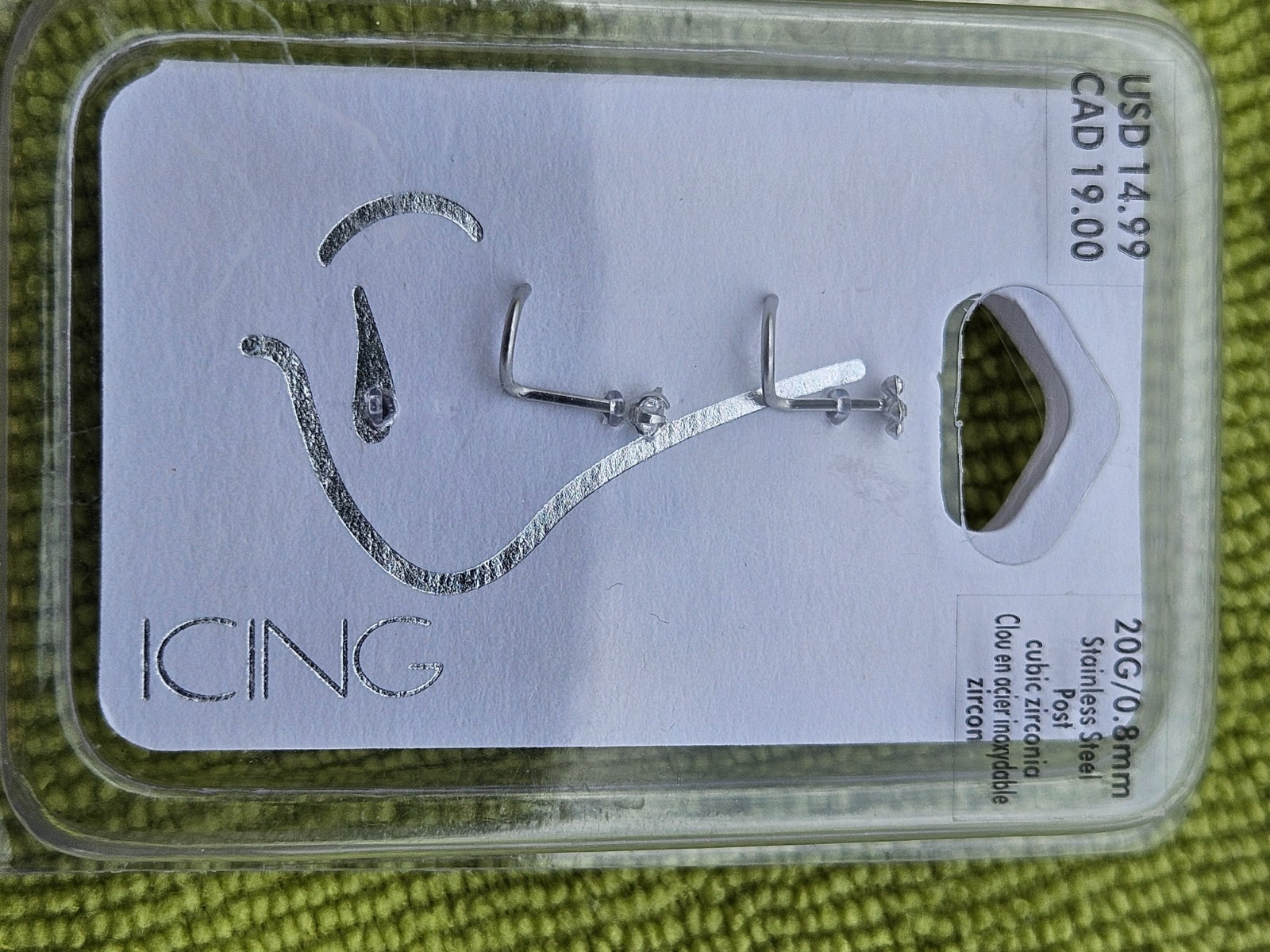 ICING 2-Nose Rings Stainless Steel 20G/0.8mm with cubic zirconia NEW ships FREE