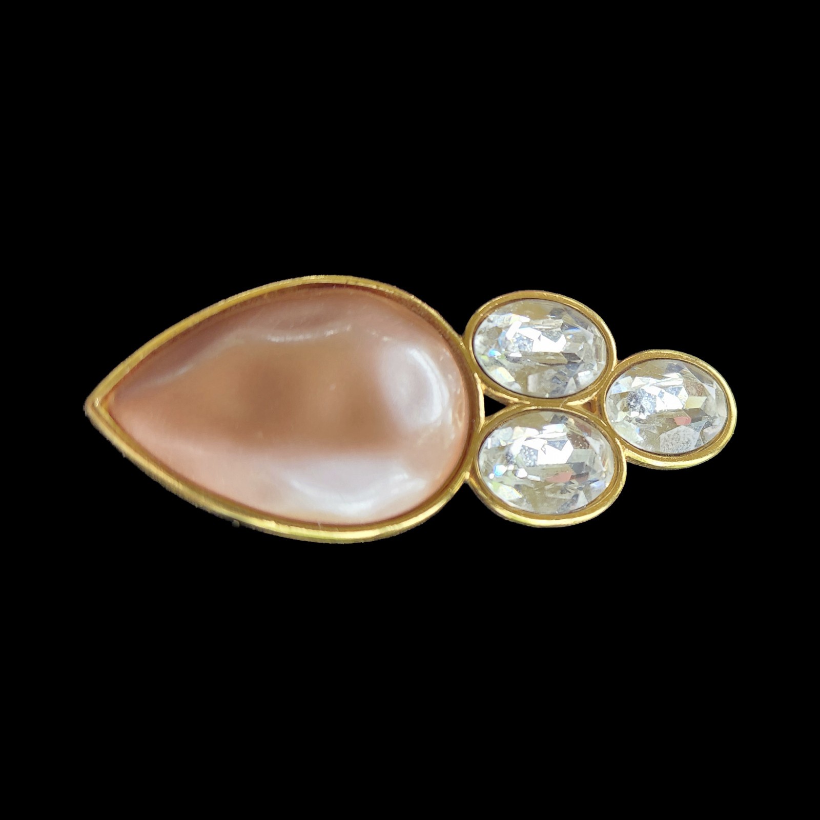 YSL Gold-tone Brooch with Pink/Tan Grooved Teardrop and Three Clear Crystals