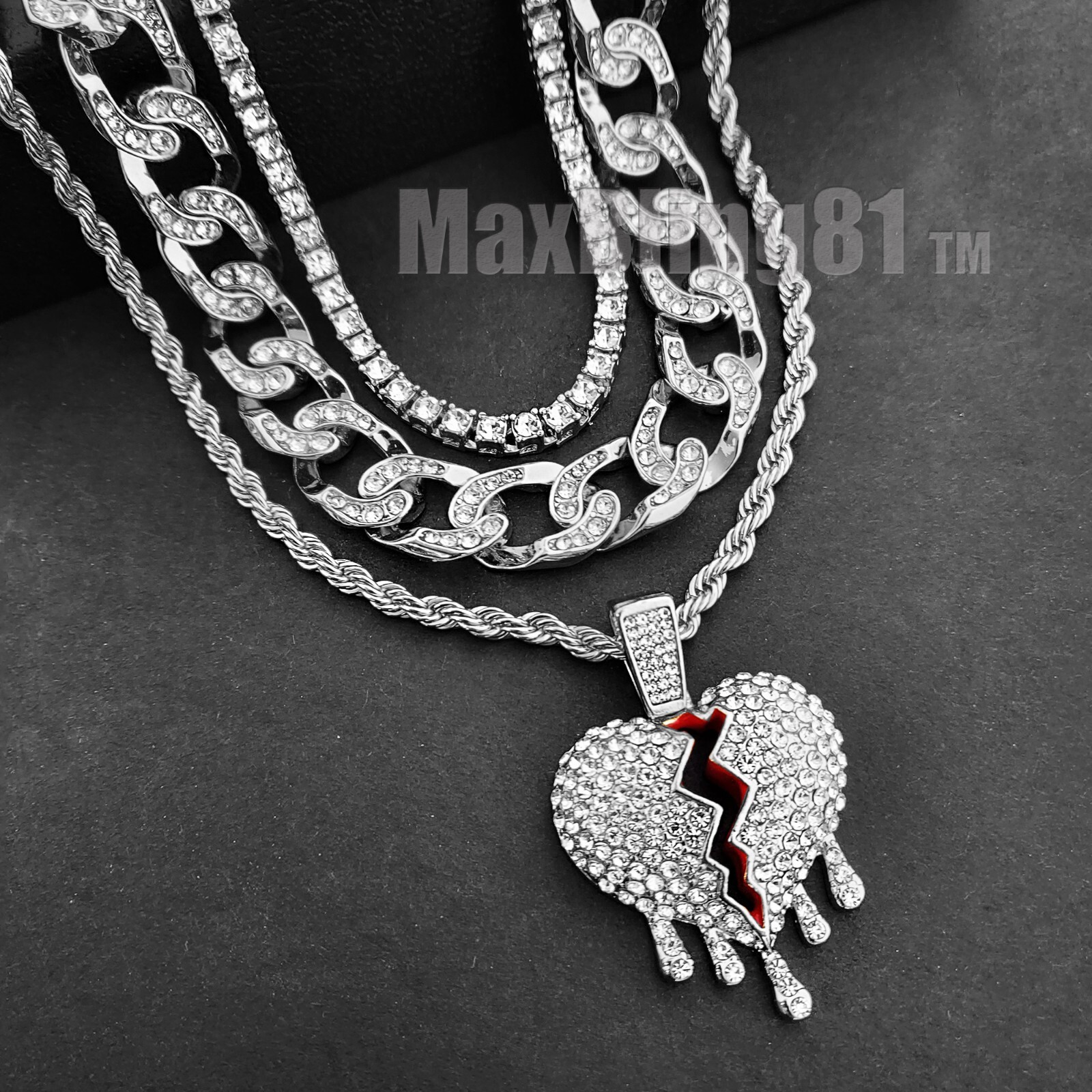 Silver Plated Alloy Cubic Zirconia Drip Broken Heart & Iced Cuban & Tennis chain