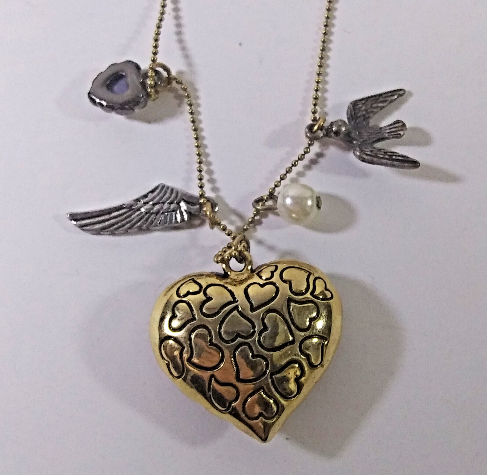 Betsey Johnson Womens Necklace Leopard Heart Charm Gold Angel Wing Dove 8in
