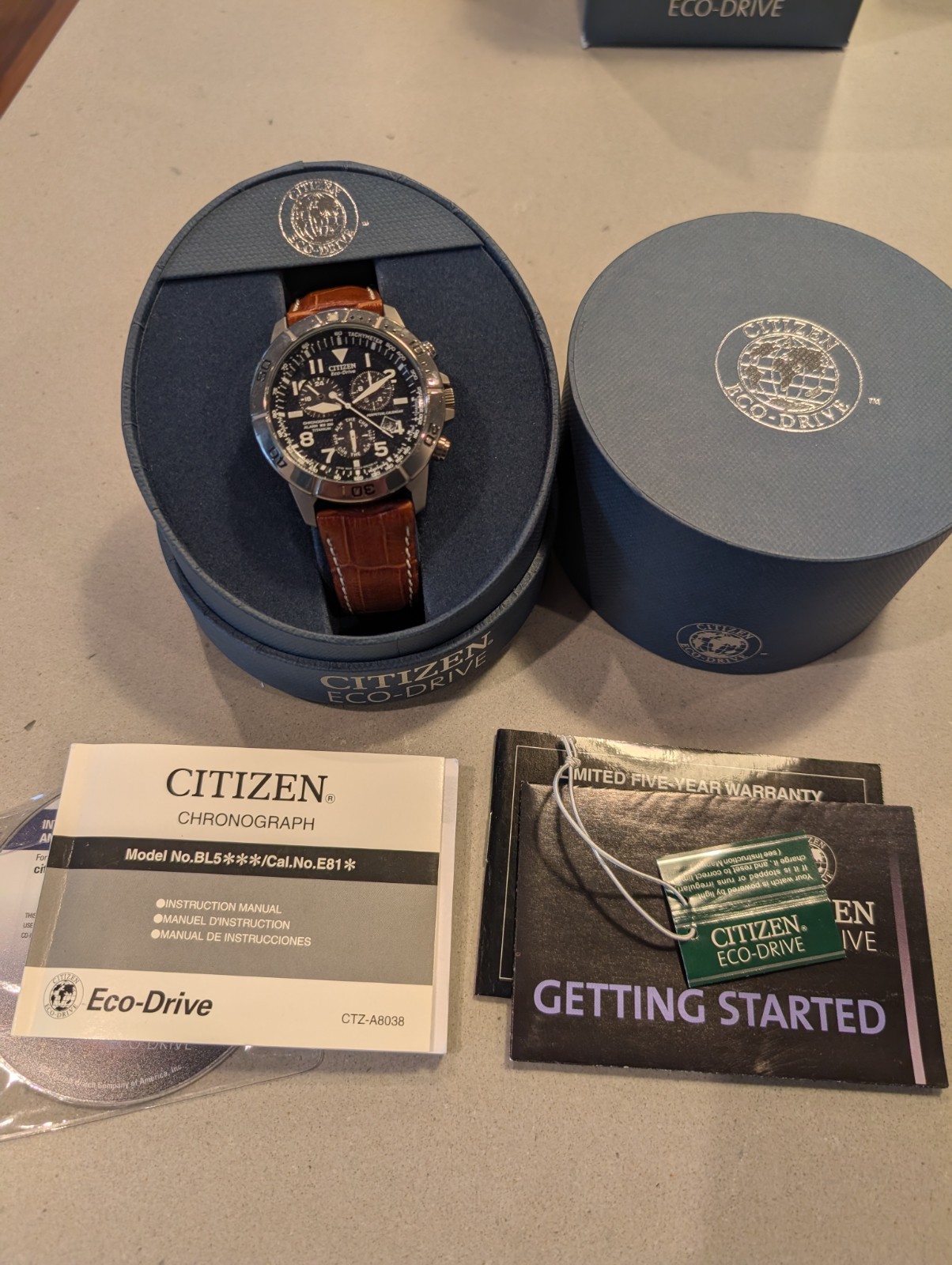 Citizen Eco-Drive Chronograph Perpetual Calendar 200m Blue Dial Brown Leather