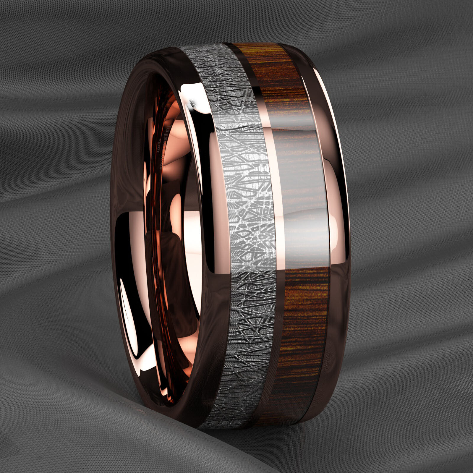 8/6mm Rose Gold Plated Metal Tungsten Ring Koa Wood Inlay ATOP Men Jewelry