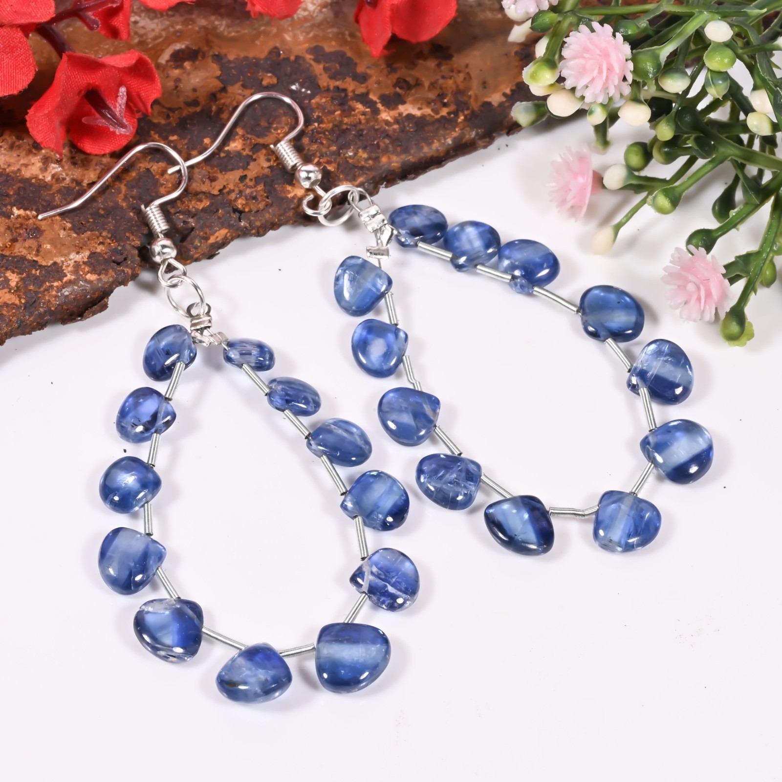 Natural Blue Kyanite Heart Bead Earrings Bullion Wire Spacers