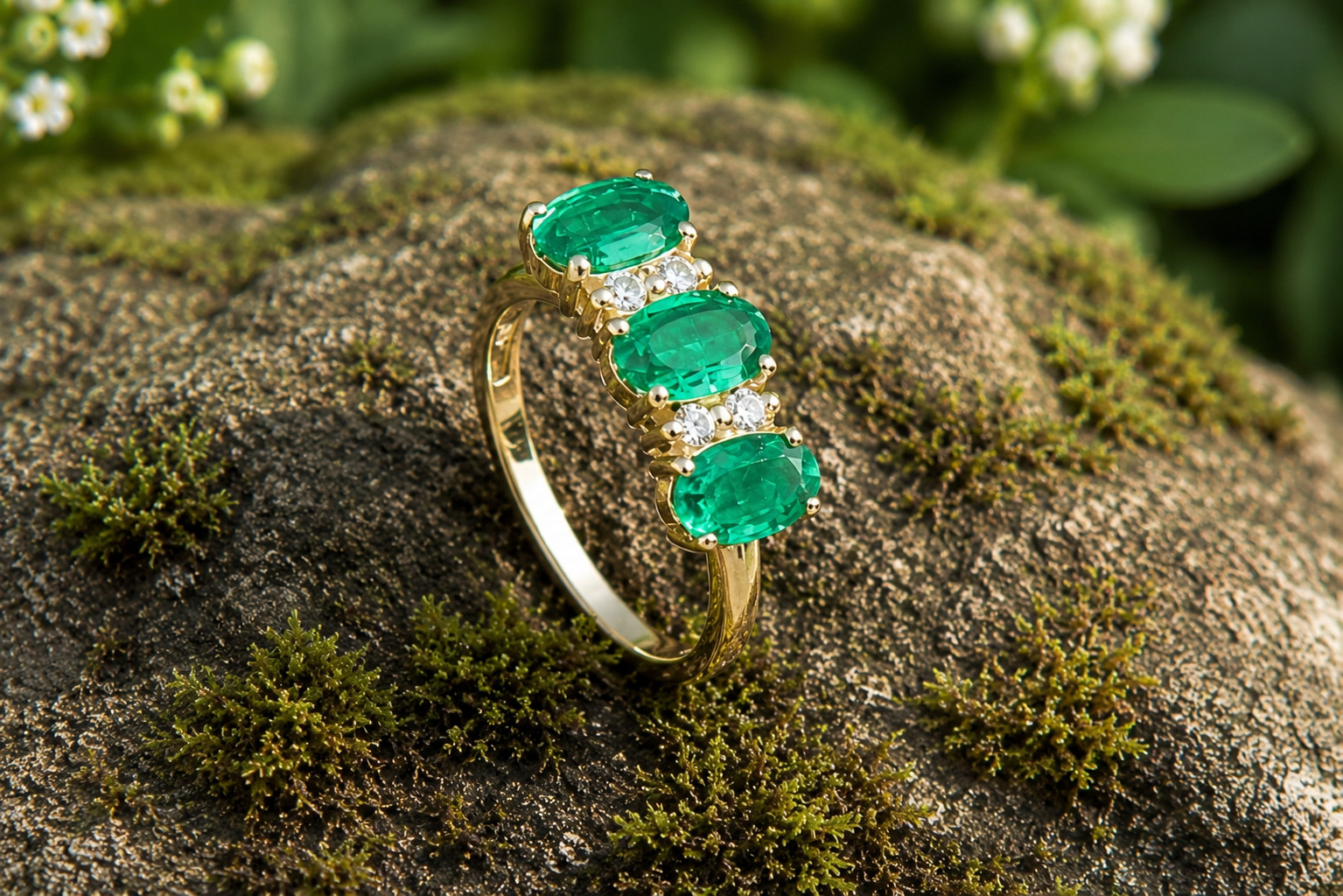 2Ct Oval Cut Lab Created Green Emerald Three-Stone Ring 14K Yellow Gold Plated