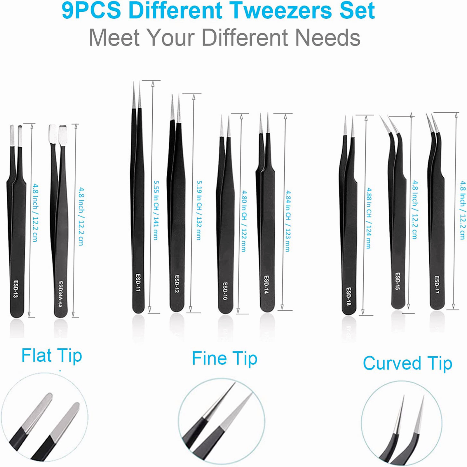10 Pcs Precision ESD Anti-Static Repair Stainless Steel Tweezers Set Kit Tools