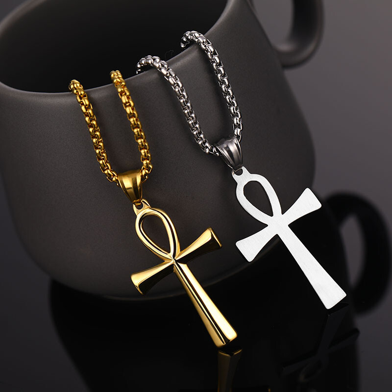 Men Women Cross Necklace Silver Stainless Steel Egyptian Ankh Pendant Chain Gift