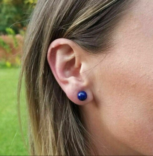 Real Solid 925 Sliver Natural Blue Lapis Lazuli 8mm Round Ball Stud Earrings