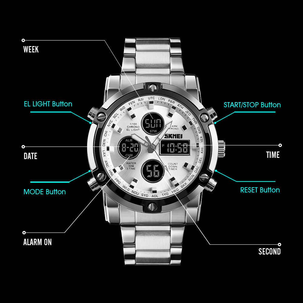 SKMEI Men Quartz Watch LED Digital Steel Wristwatch Casual Business Male Watches