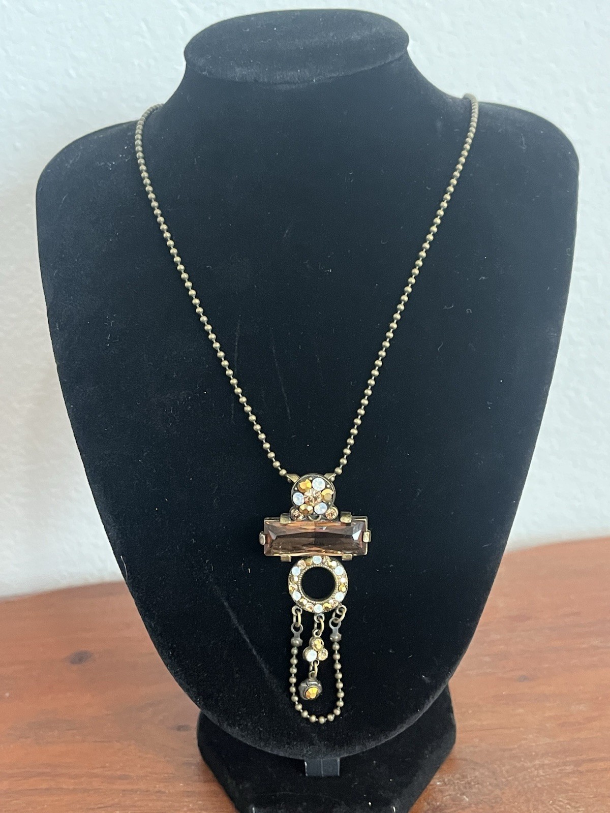 Belladonna Toronto Canada Necklace Brass Rhinestone Art Deco Drop Pendant 18″
