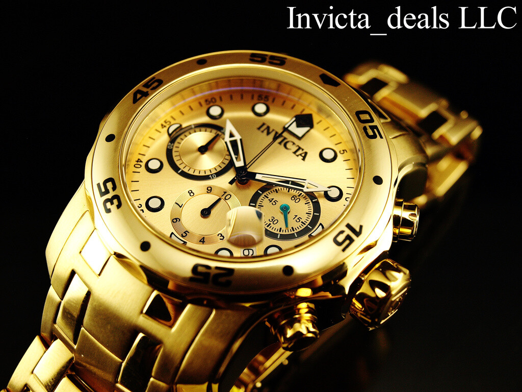 Invicta Men’s 48mm PRO DIVER Scuba Chronograph Gold Dial 18K Gold Plated Watch