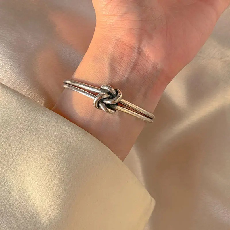 925 Sterling Silver Knot Cuff Bracelet Adjustable Minimalist Open Bangle Women