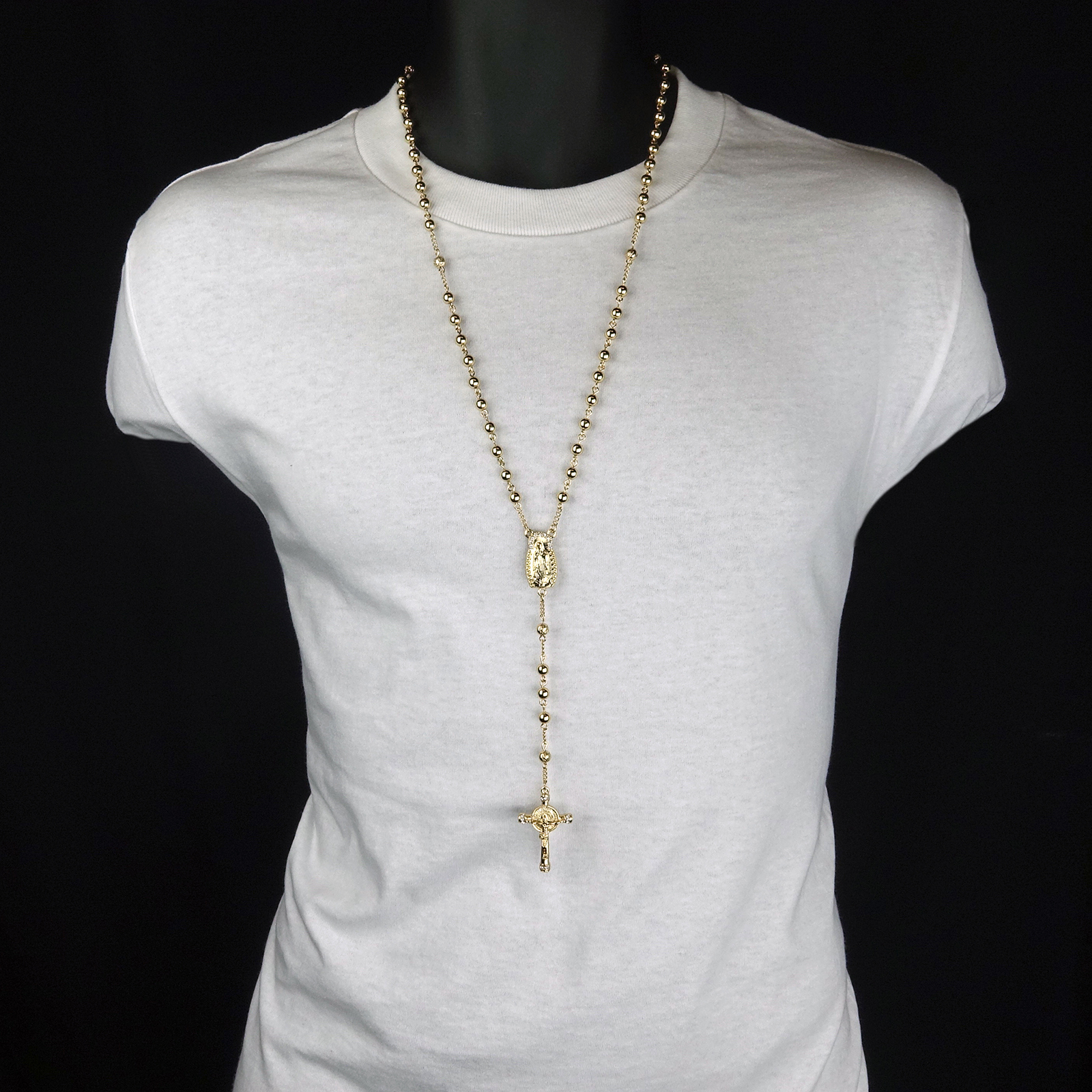 Cubic-Zirconia 5mm GOLD Plated Beads 14k (Guadalupe) Rosary & Jesus Cross Men’s
