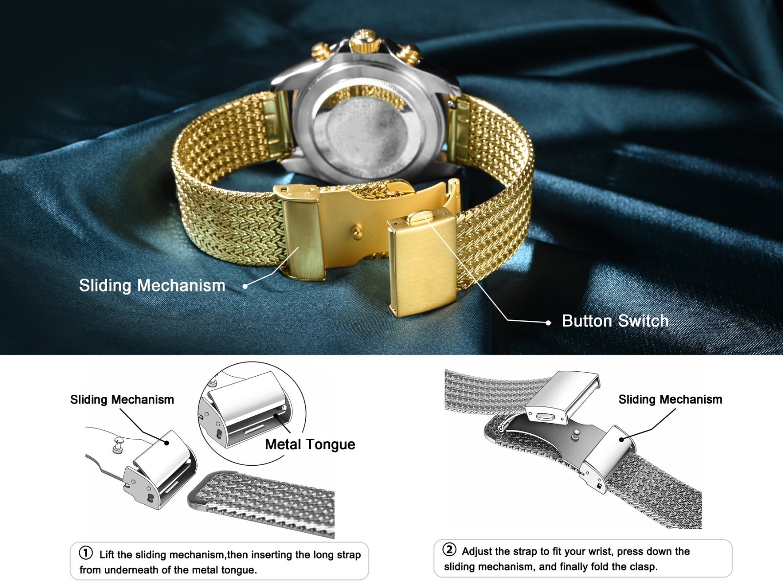 WOCCI Metal Woven Mesh Watch Strap 14mm 16mm 18mm 20mm 22mm,316L Stainless Steel