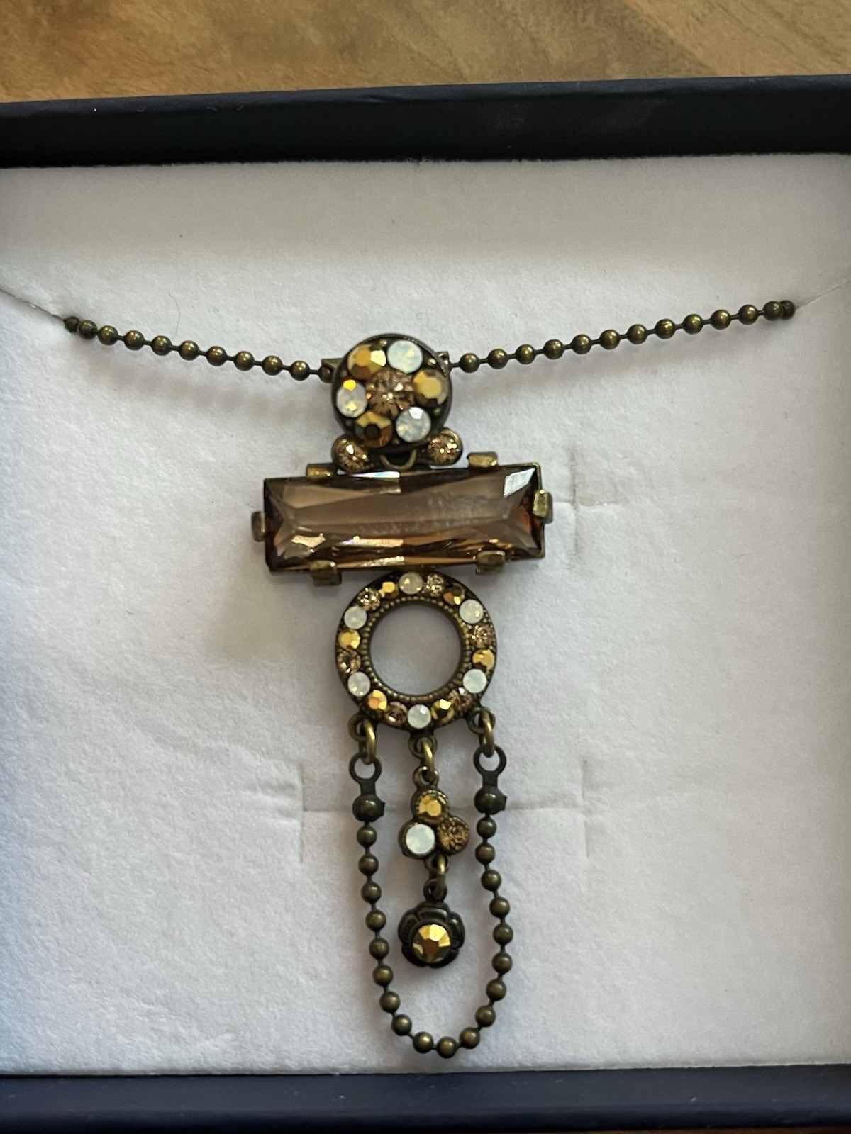 Belladonna Toronto Canada Necklace Brass Rhinestone Art Deco Drop Pendant 18″