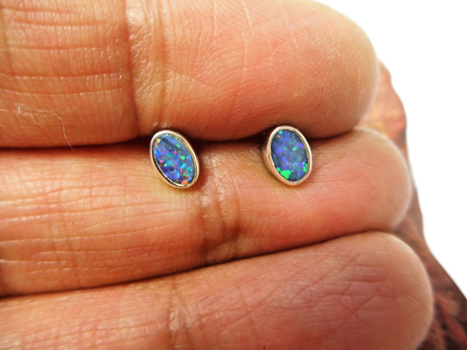 Natural Small Australian Opal Stud Earrings – Sterling Silver Gemstone