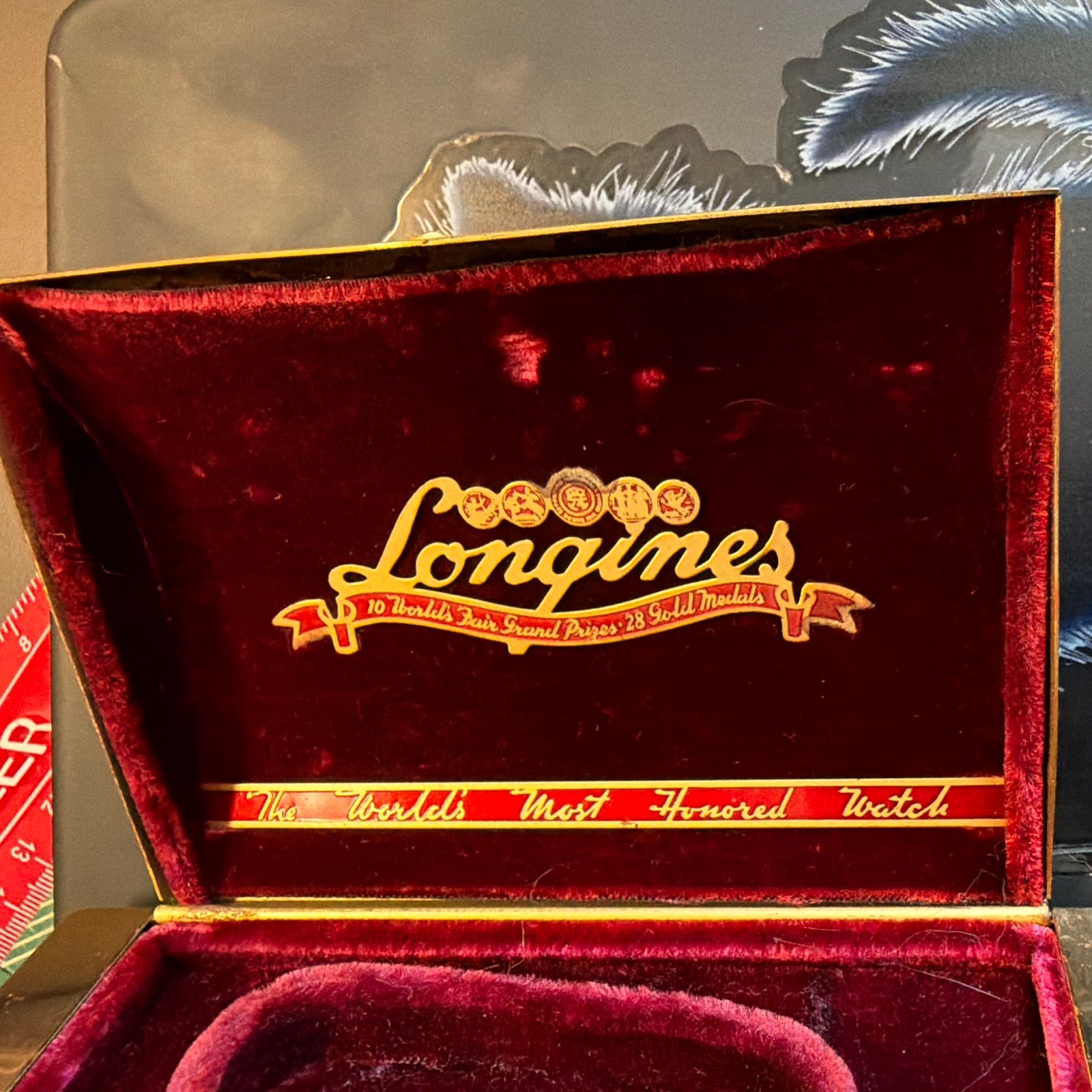 Vintage Longines Watch Box Red Velvet Metal Coffin Case Worlds Most Honored Empt