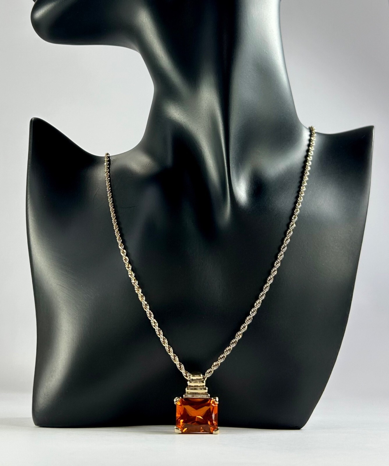 925 Sterling Silver Gold Vermeil Chain Necklace Orange Glass Pendant Statement