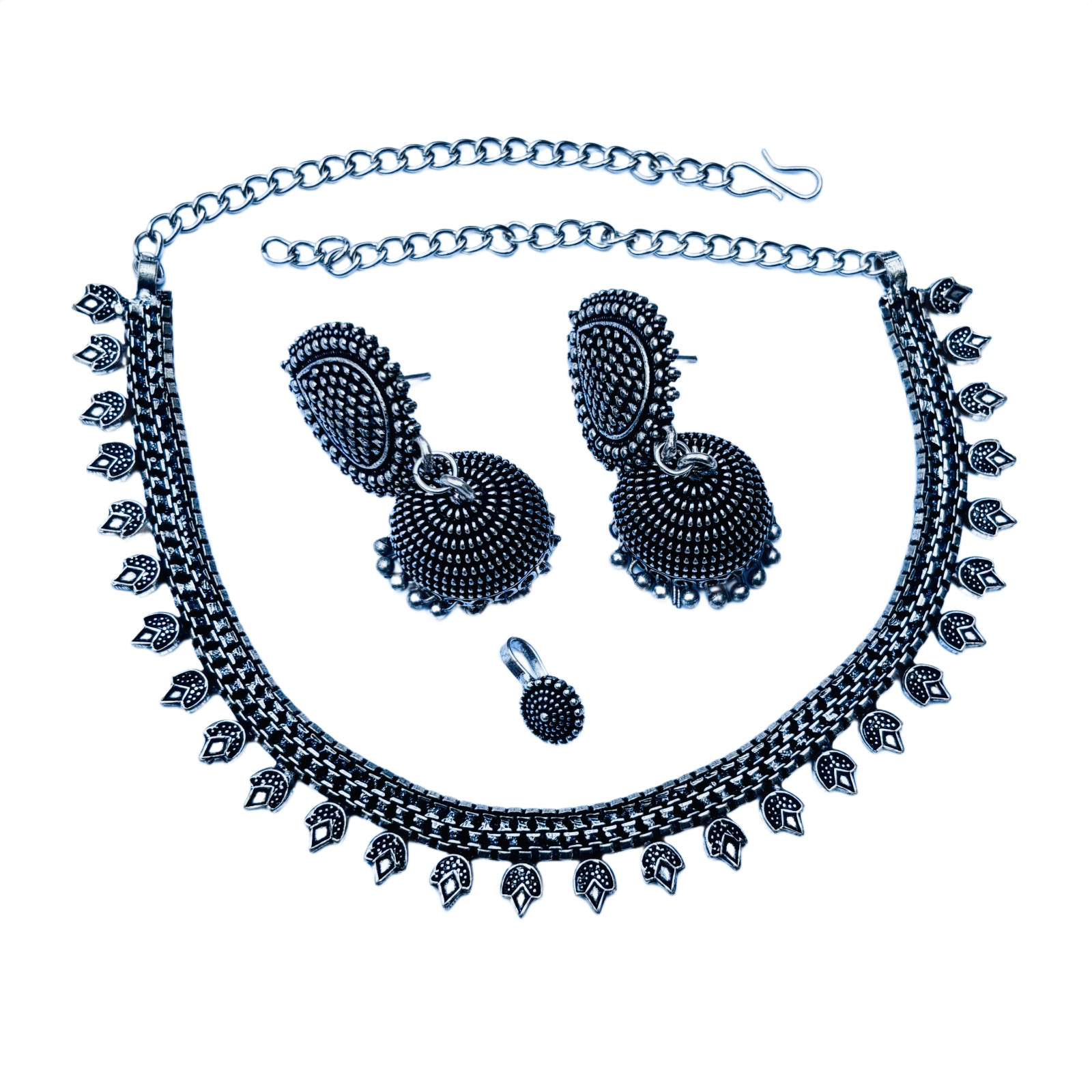 Indian Oxidized Silver Plated Choker Necklace Set With Earring And Nose Pin