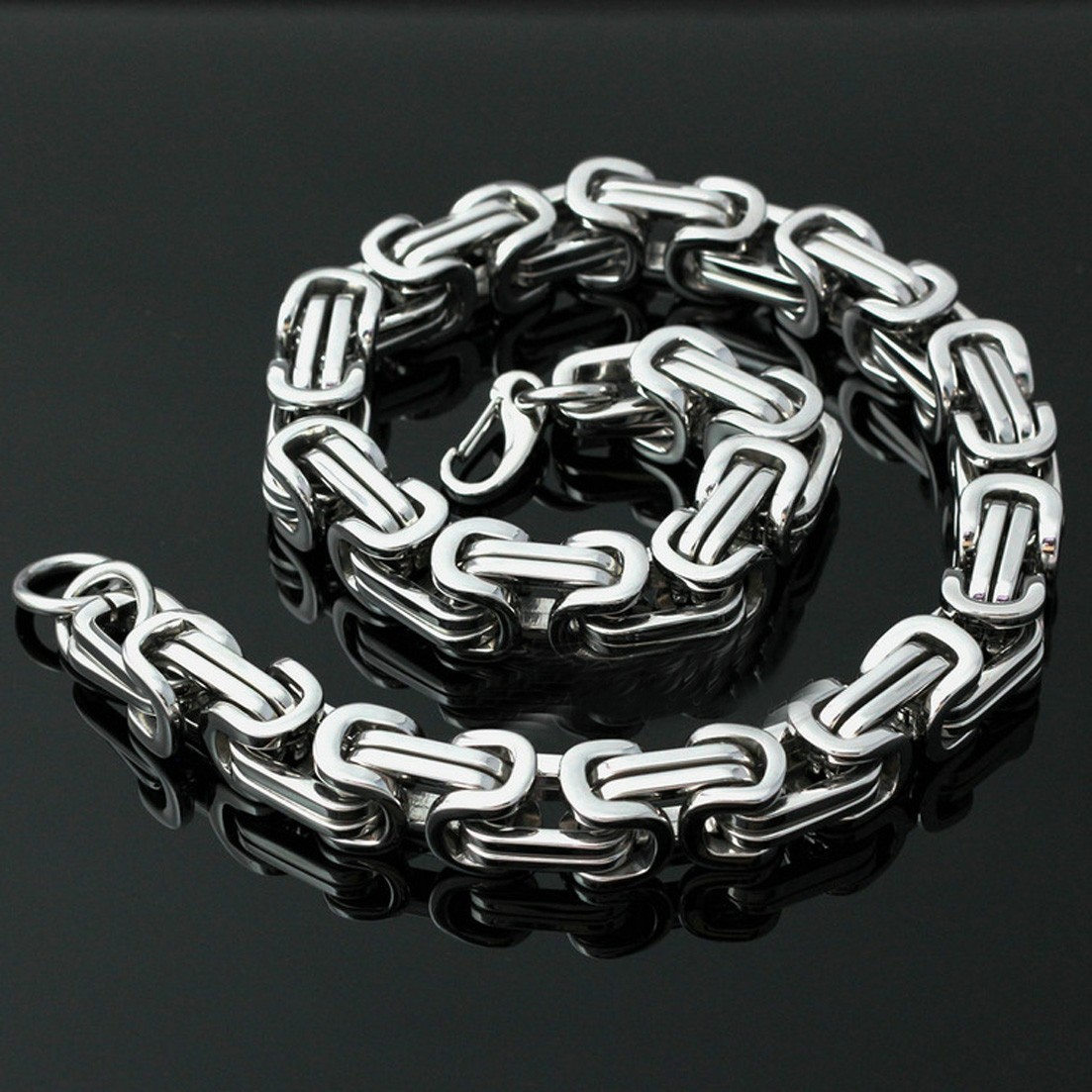 15mm Heavy Silver Men Necklace Big Stainless Steel Byzantine Chain Mens Necklace