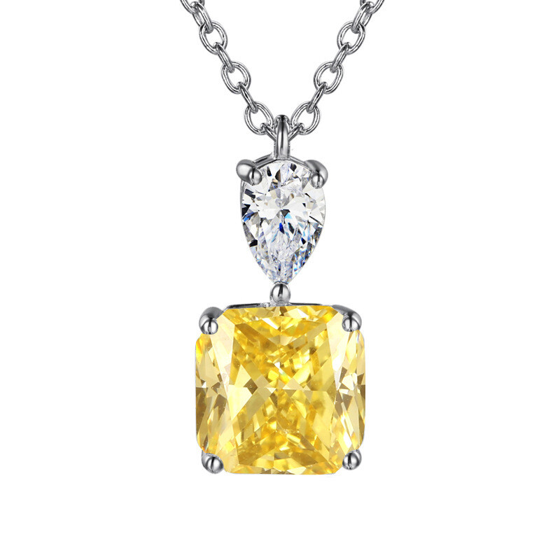 New Women Girls Summer Party Jewelry Square Yellow Citrine Gems Silver Necklaces