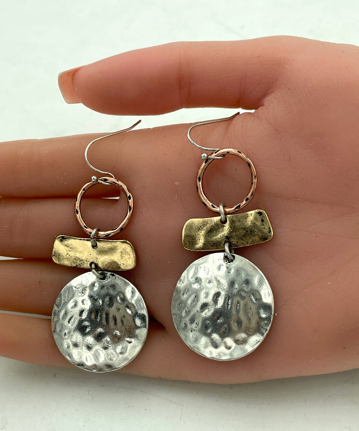 Hammered Round Disc and Bar Dangle Earrings Silver Gold Copper