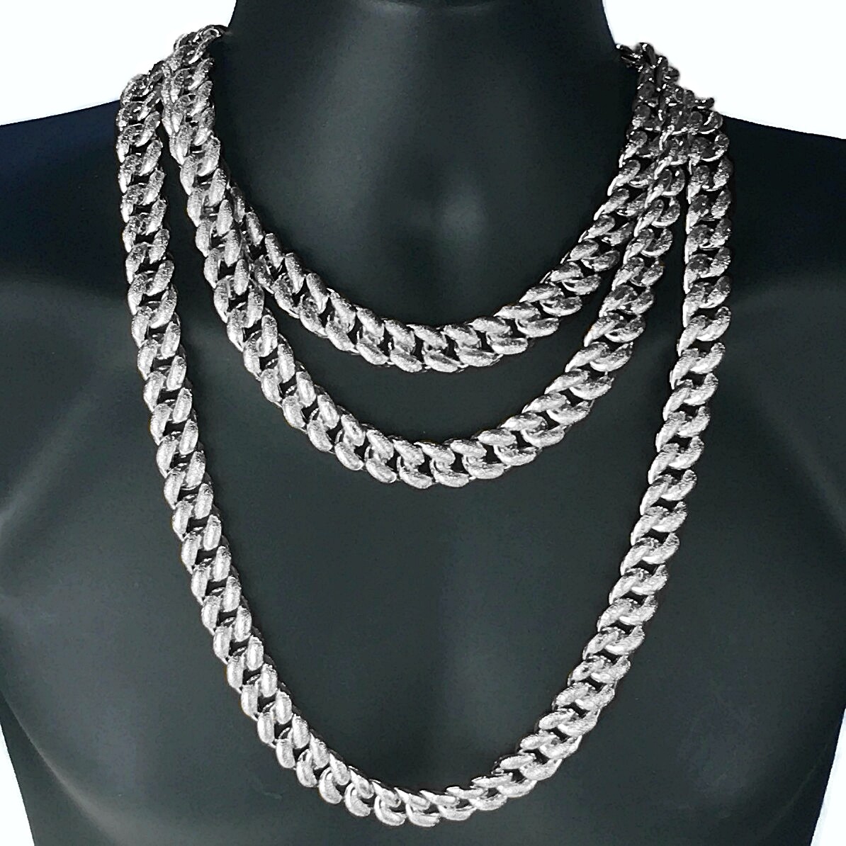 Men’s Dust Bubble Cuban Chain Heavy Silver Tone 16MM Wide 18″ 20″ 30″ In