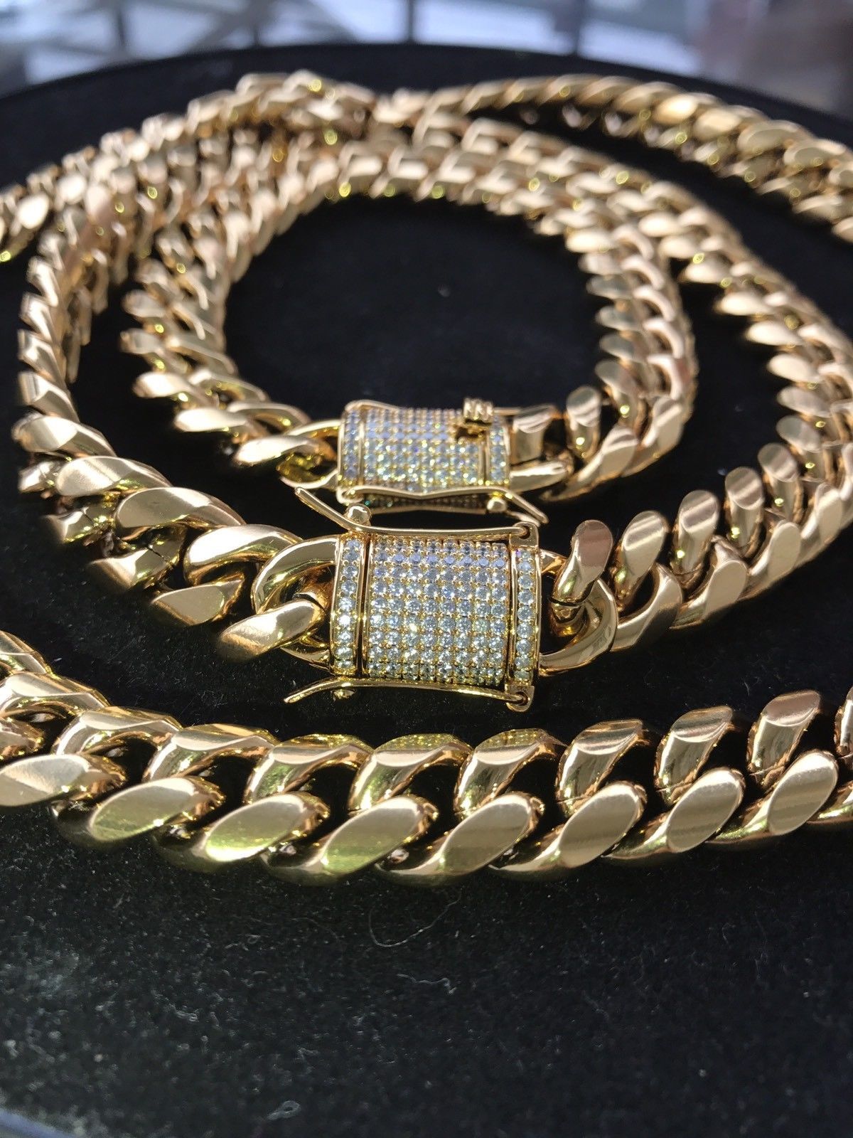 Miami Cuban Link Chain Necklace Rhinestone Clasp 18K Gold Plated Stainless Steel