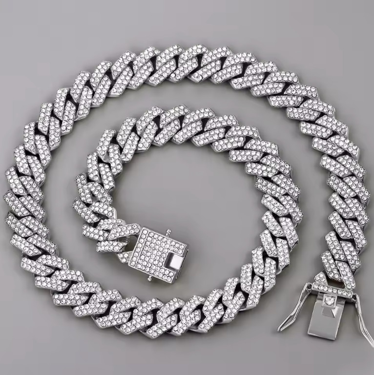 22 INCH Iced Out Prong Cuban Link Chain Necklace for Men/Women 2 Row Rhinestone
