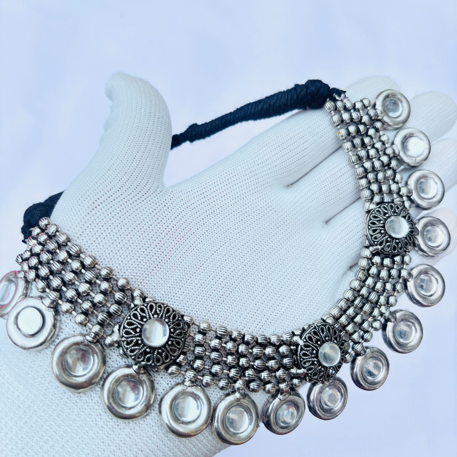 Indian Oxidized Silver Plated Necklace Set With Earring Nose Pin And Bracelets