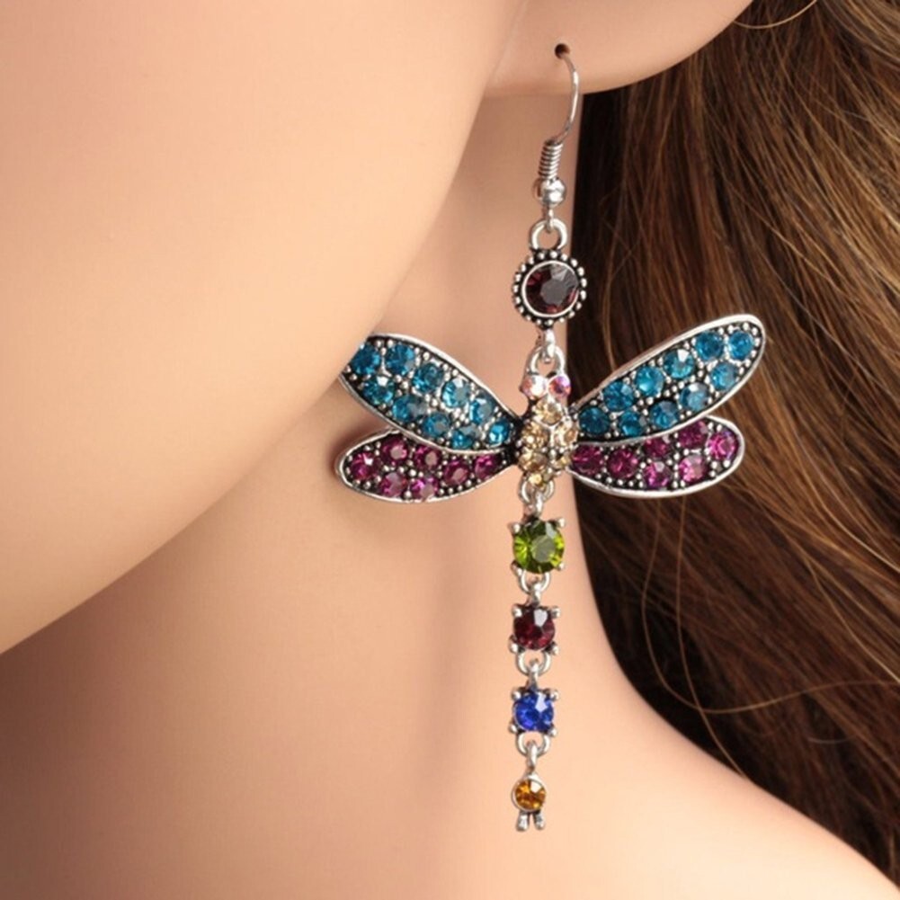 Multicolor Rainbow Dragonfly Colorful Dangle Earrings Silver Tone, Radiant