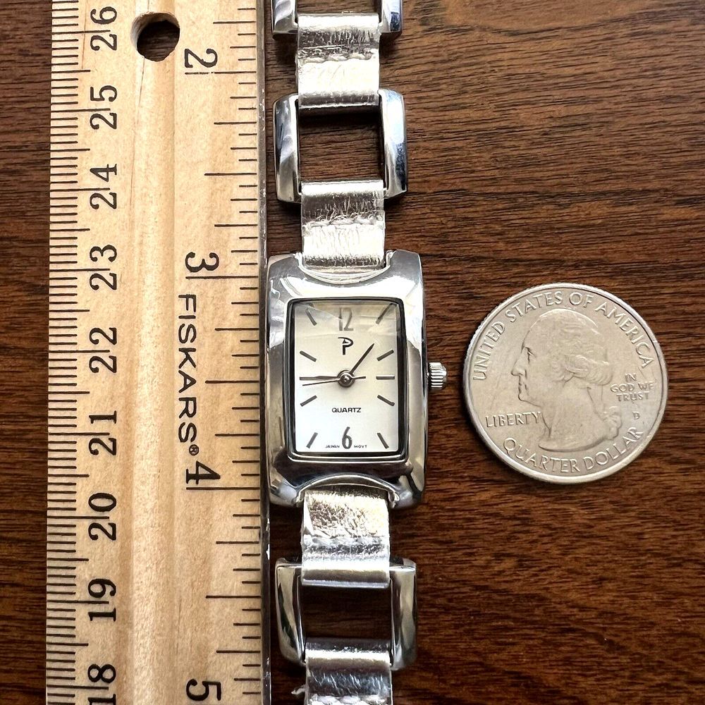 Vintage “P” Women’s Watch Silver Tone New Battery Rectangle Face White 8 in.