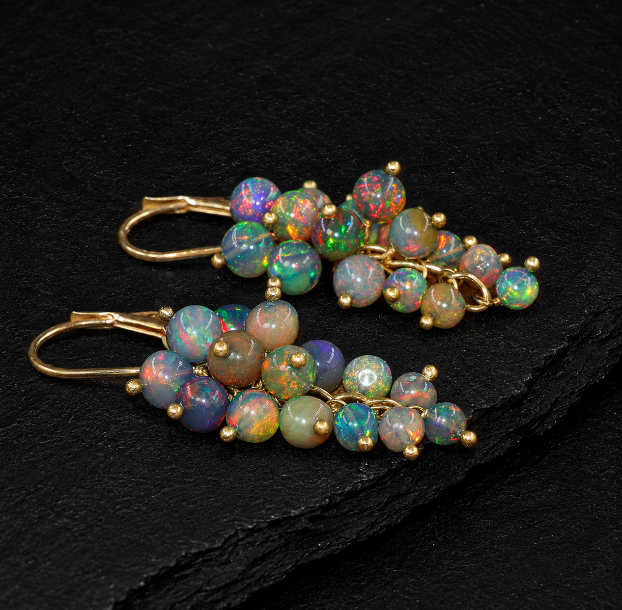 Genuine Black Ethiopian Opal Dangle Cluster Earrings 18k Gold Filled 925 Silver