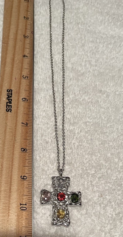 Stainless Steel w/Glass Stones Cross w/Stainless Steel 18in Necklace NEW