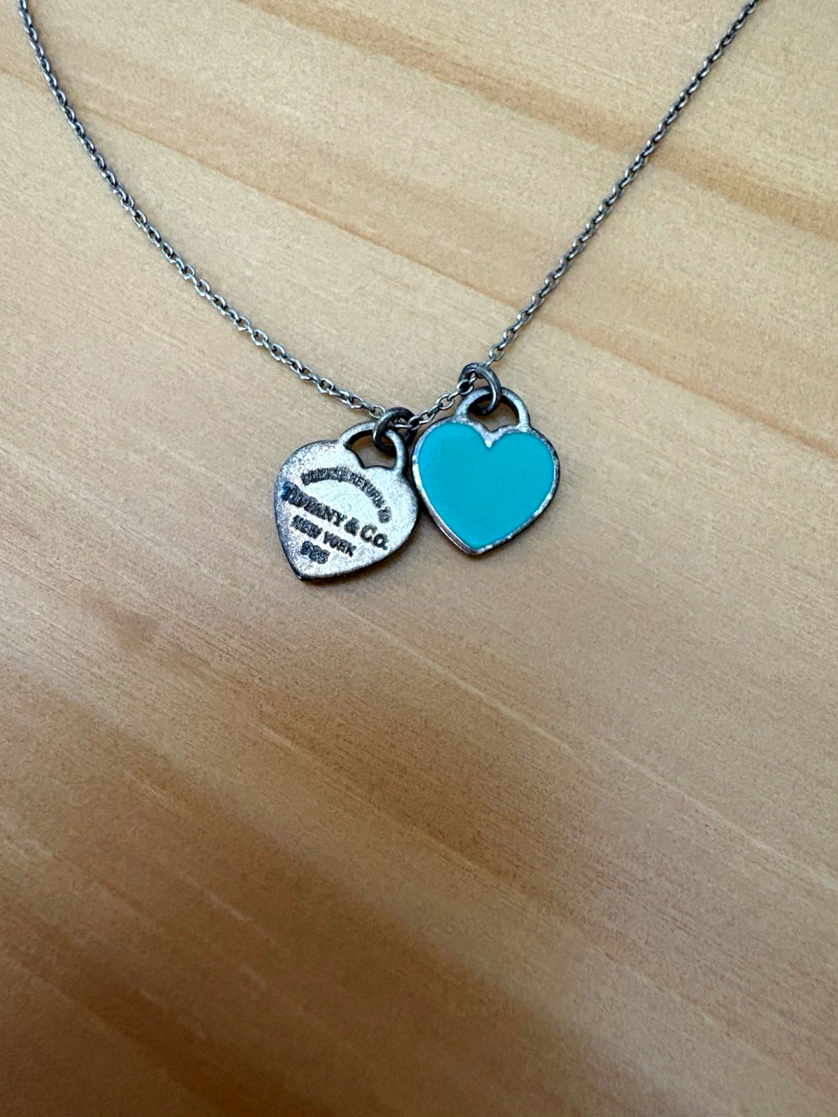 Tiffany & Co. Silver Blue Enamel Heart Charm Pendant Cable Chain Necklace