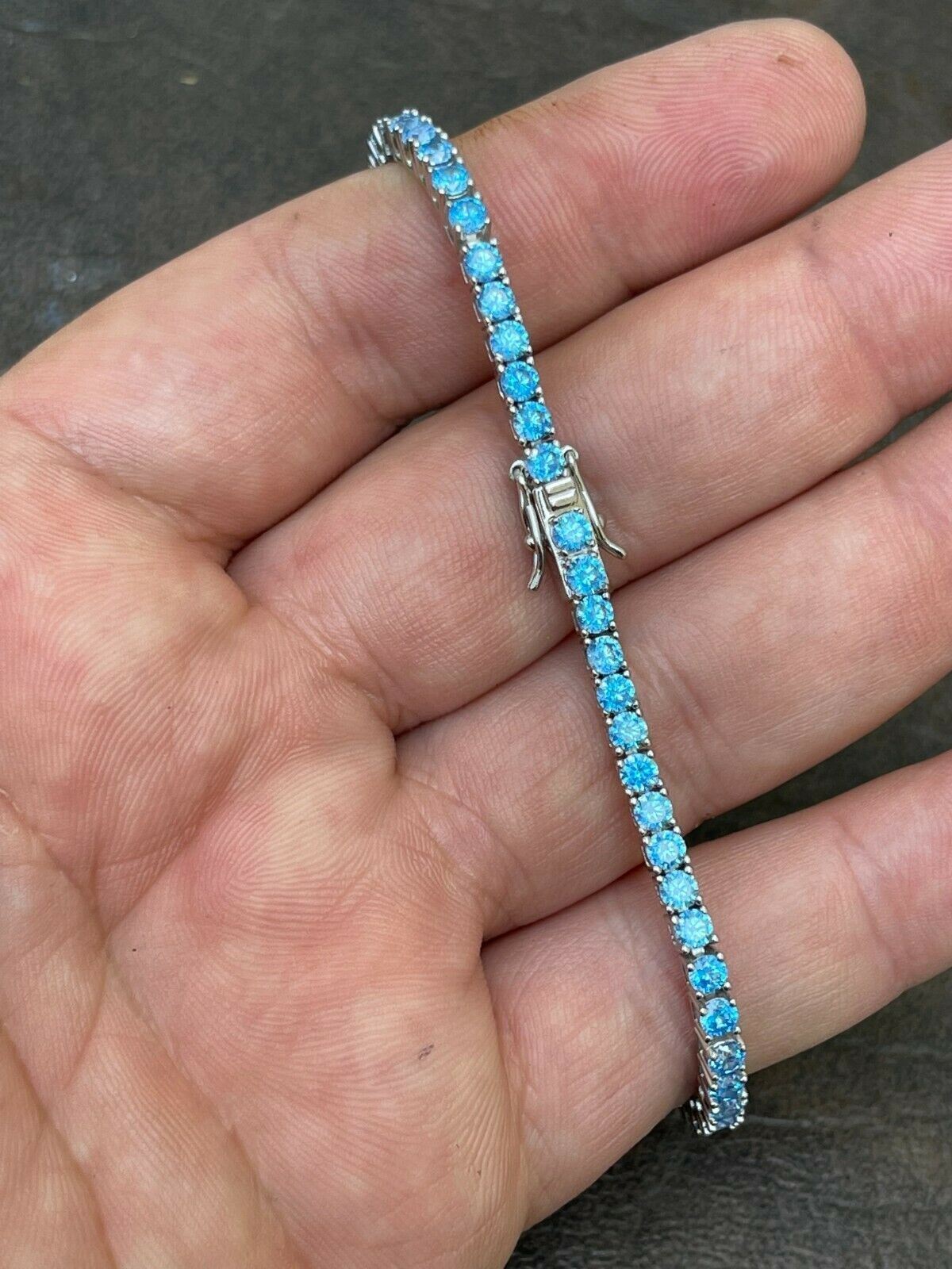 3mm Tennis Bracelet Real 925 Sterling Silver Simulated Aquamarine Blue CZ