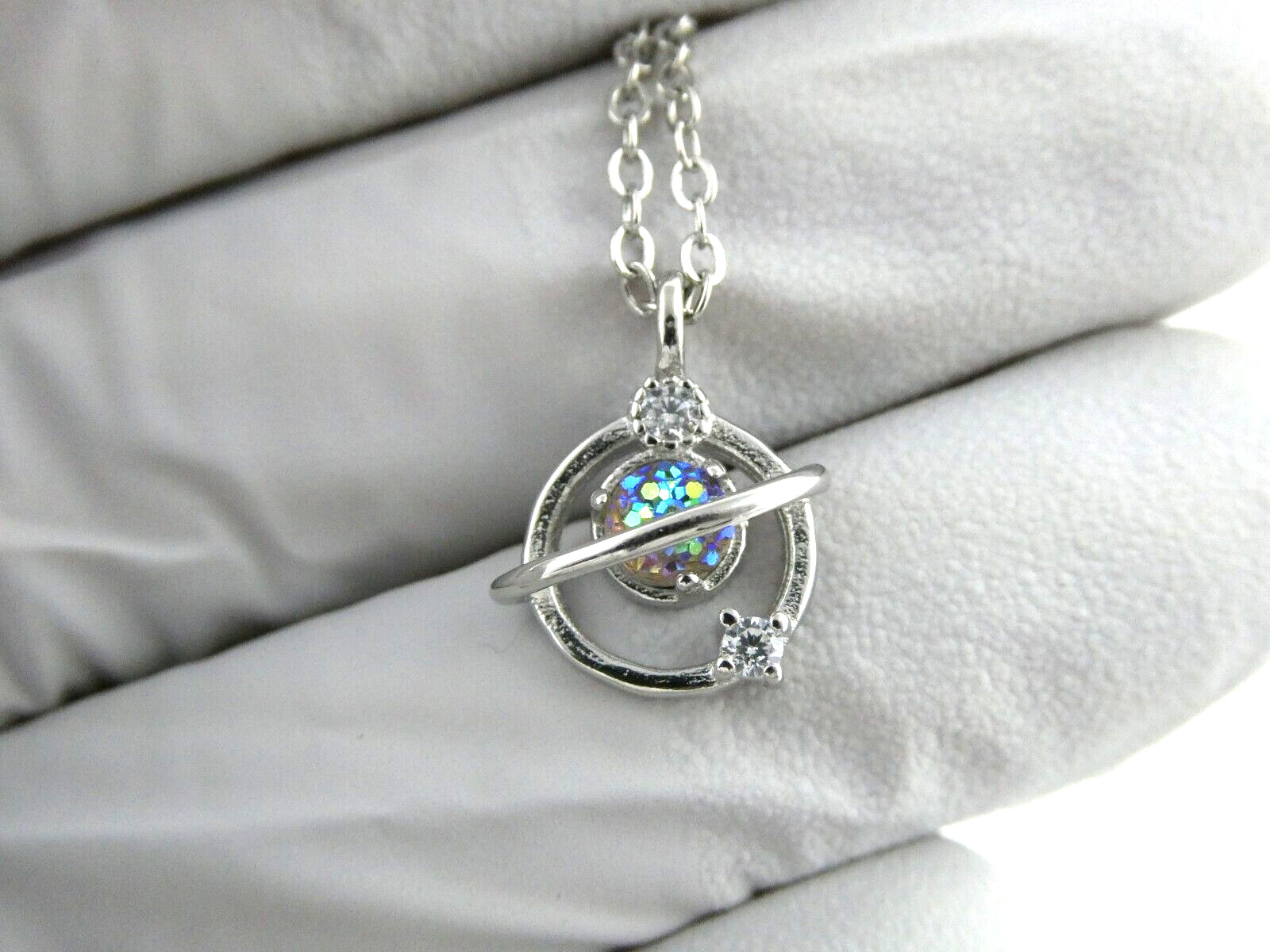 Sterling Silver Druzy Gemstone Planet Pendant Necklace 2.1 Grams 17 Inches