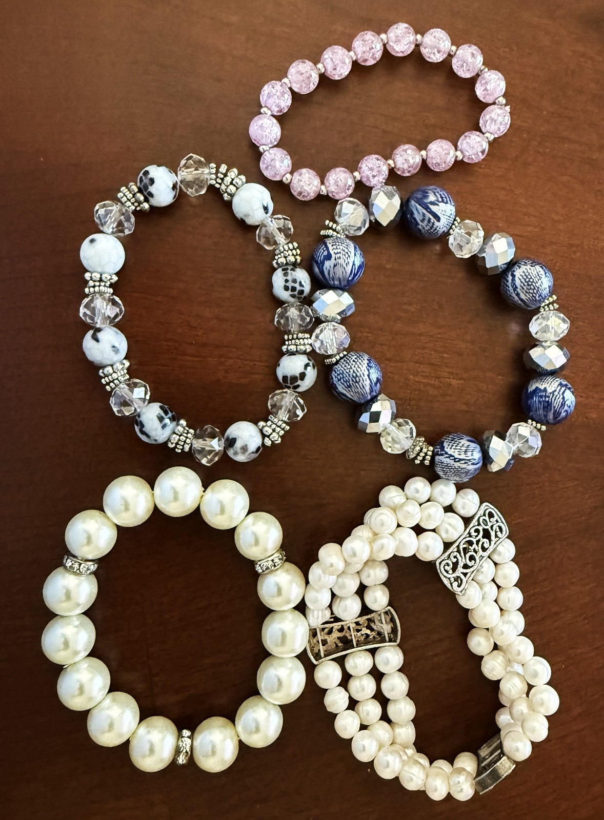 Lot of 5 Colorful Beaded & Faux Pearls Stretch Bracelets