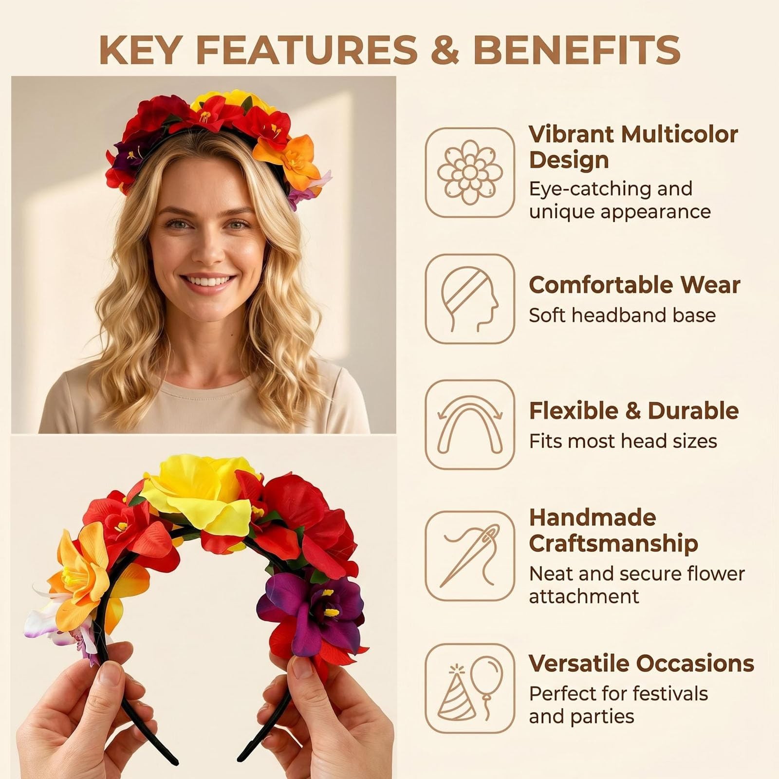 QUUPY Mexican Flower Crown Headband Halloween 13cm x 12cm, As Picture Shown