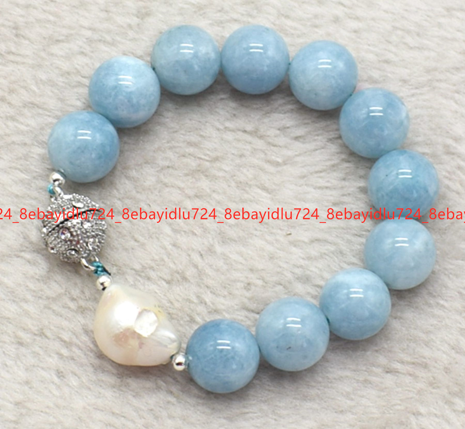 Natural Blue Aquamarine Round Gemstone Beads White Keshi Baroque Pearl Bracelet