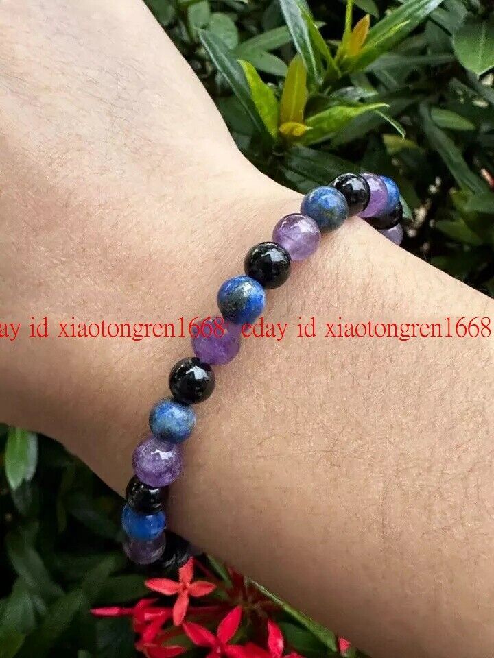 Fashion Elegant 6mm Bracelet Amethyst Tourmaline&Lapis Lazuli Bracelet 7-9in”