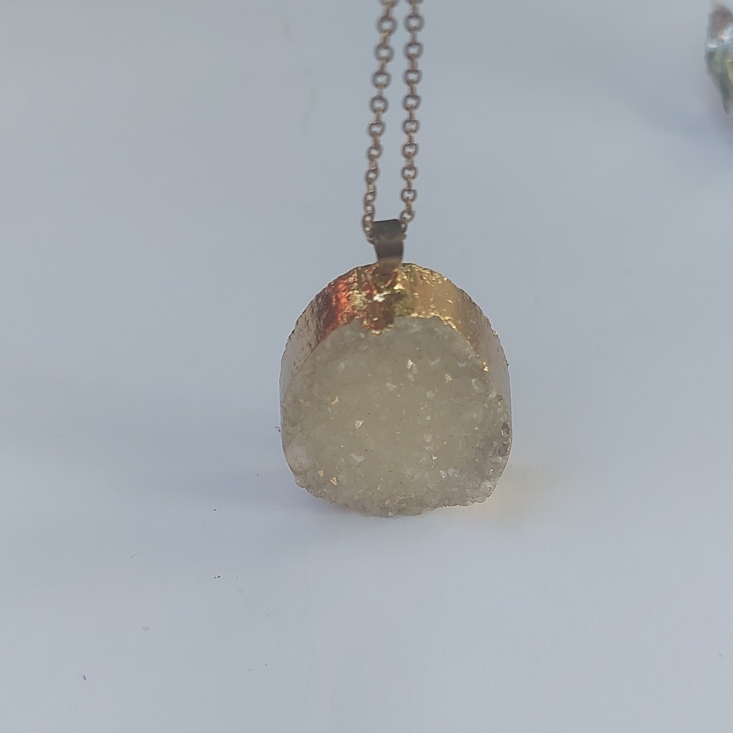 Gold Tone Adjustable Cable Chain Necklace w/ Oval White Quartz Bezel Pendant
